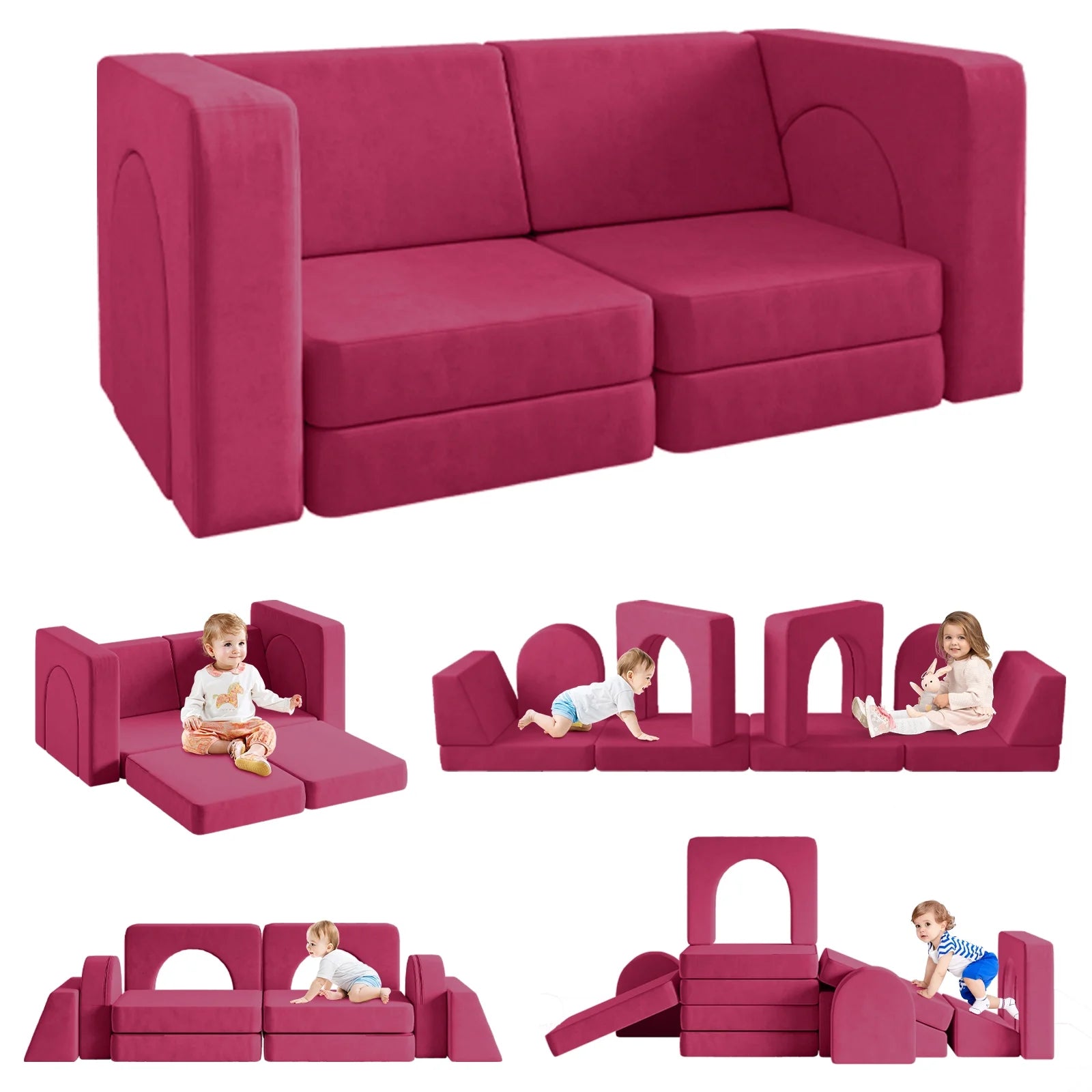 Sofá Modular Para Niños De 10 Piezas, Sofá Para Niños Con Pendiente De Escalada, Sofá Para Niños Pequeños Para Jugar, Crear, Dormir, Sofá Interior Para Niños Y Niñas, Rosa
