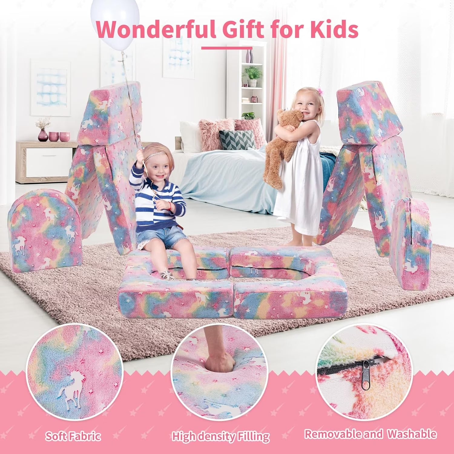 Sofá Modular Para Niños De 10 Piezas, Sofá Para Niños Con Pendiente De Escalada, Sofá Para Niños Pequeños Para Jugar, Crear, Dormir, Sofá Interior Para Niños Y Niñas, Rosa