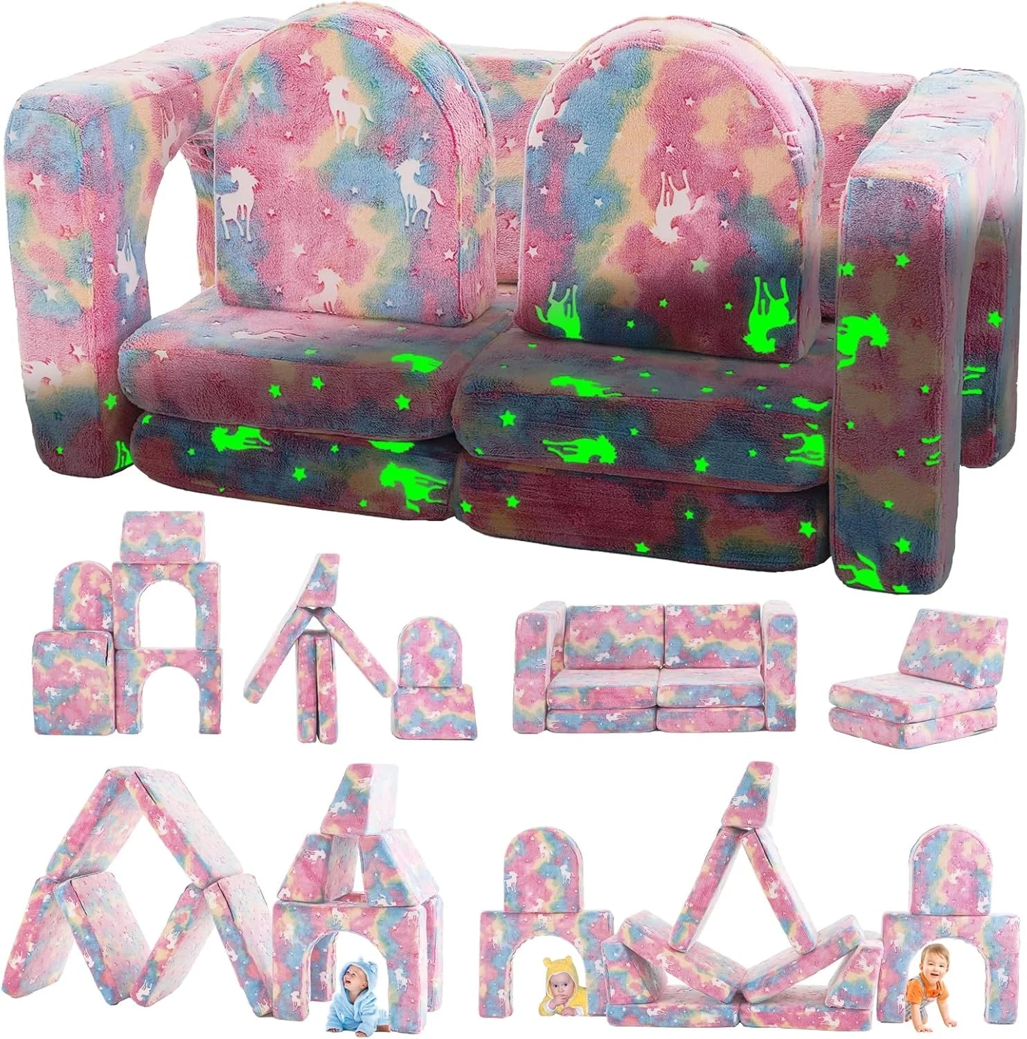 Sofá Modular Para Niños De 10 Piezas, Sofá Para Niños Con Pendiente De Escalada, Sofá Para Niños Pequeños Para Jugar, Crear, Dormir, Sofá Interior Para Niños Y Niñas, Rosa