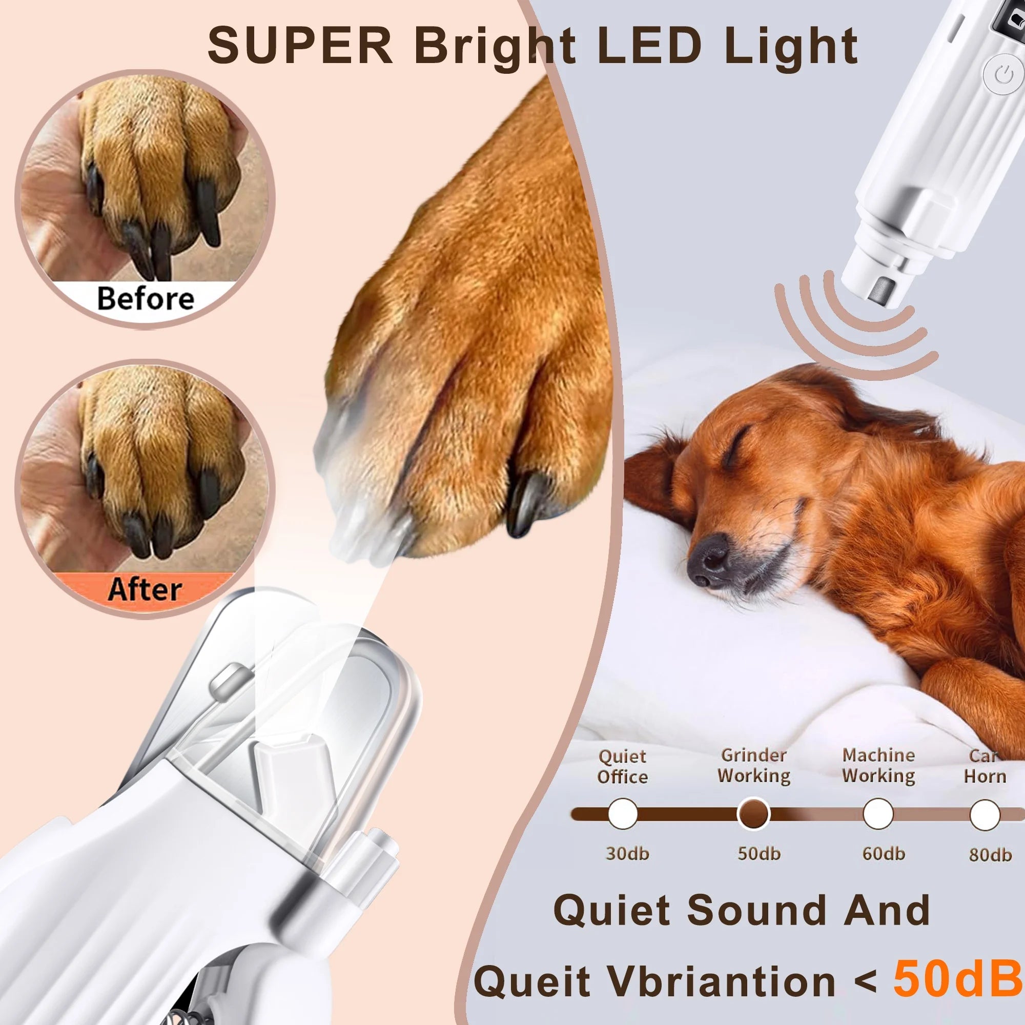 2-In-1 Dog Nail Grinder & Dog/Cat Nail Clippers,Rechargeable Dog Nail Trimmers for Large Medium Small Pets,2 LED Lights and Safety Guard Pet Nail Grinder for Dogs and Cats,Quiet Sharpest Advanced