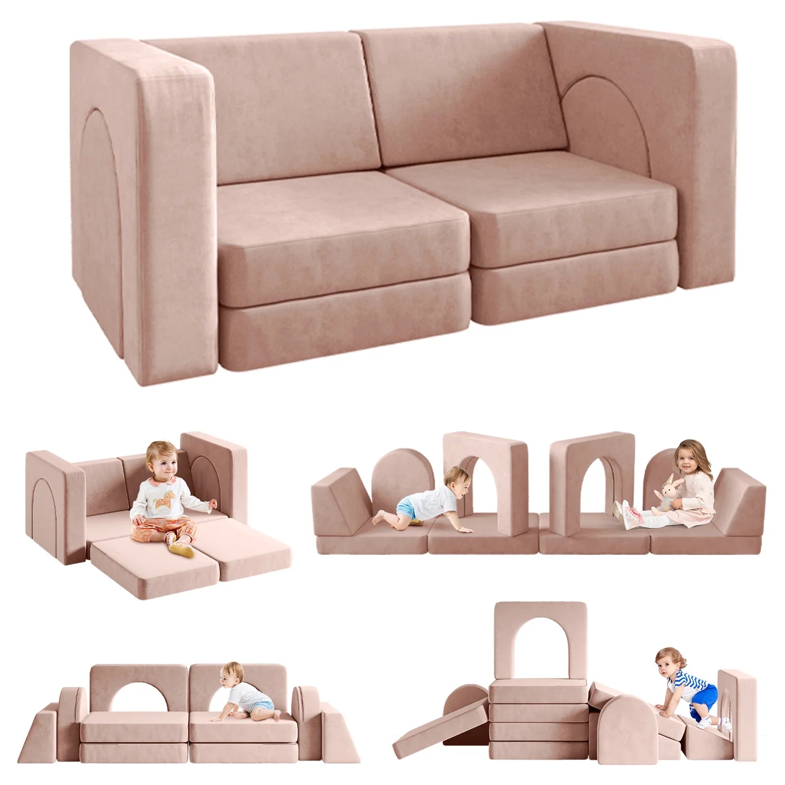 Sofá Modular Para Niños De 10 Piezas, Sofá Para Niños Con Pendiente De Escalada, Sofá Para Niños Pequeños Para Jugar, Crear, Dormir, Sofá Interior Para Niños Y Niñas, Rosa